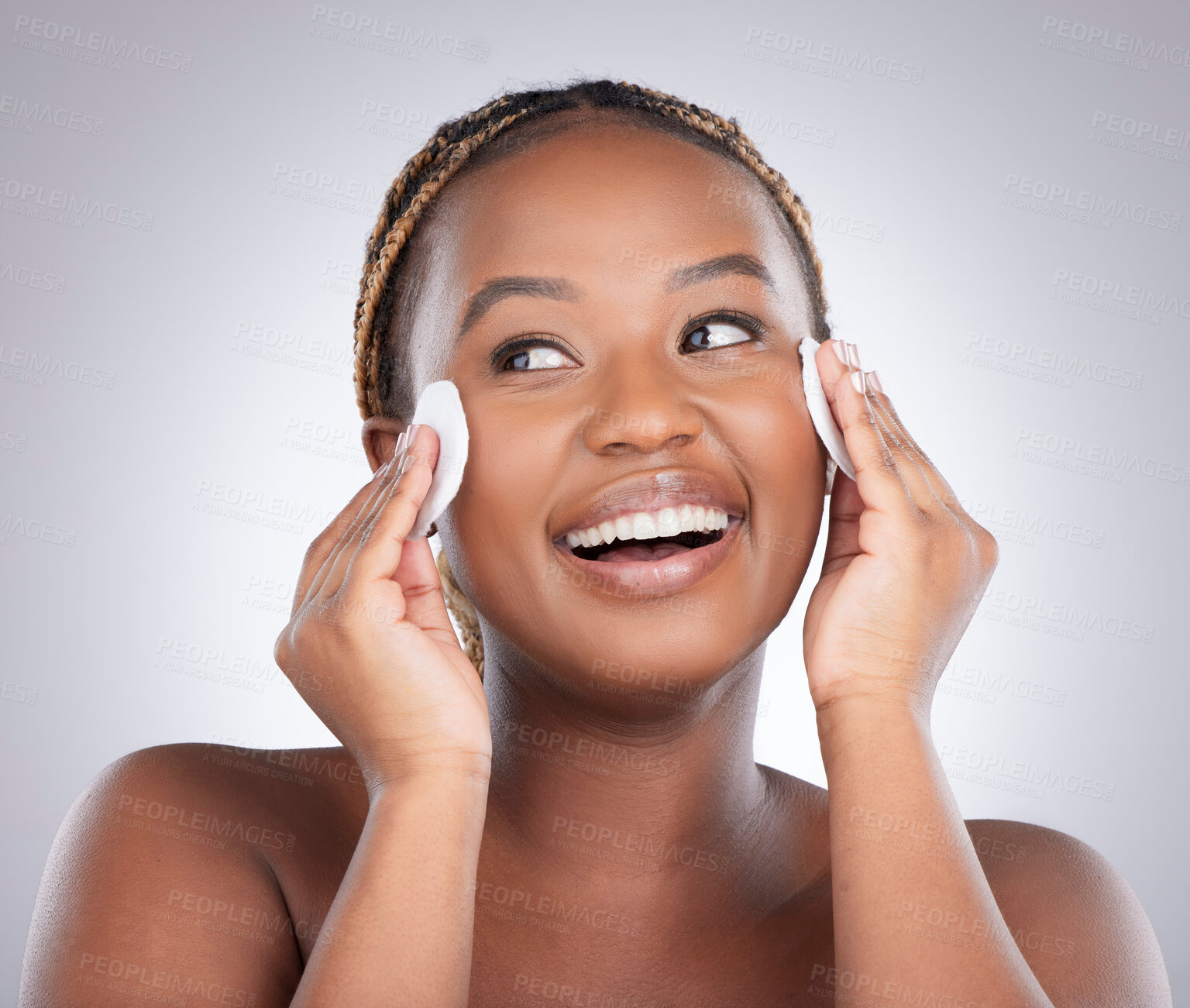 Buy stock photo Smile, studio and black woman with cleaning wipe for natural beauty, healthy skin and luxury cosmetics. Dermatology, skincare and girl with cotton pad, facial care and happy face on white background.