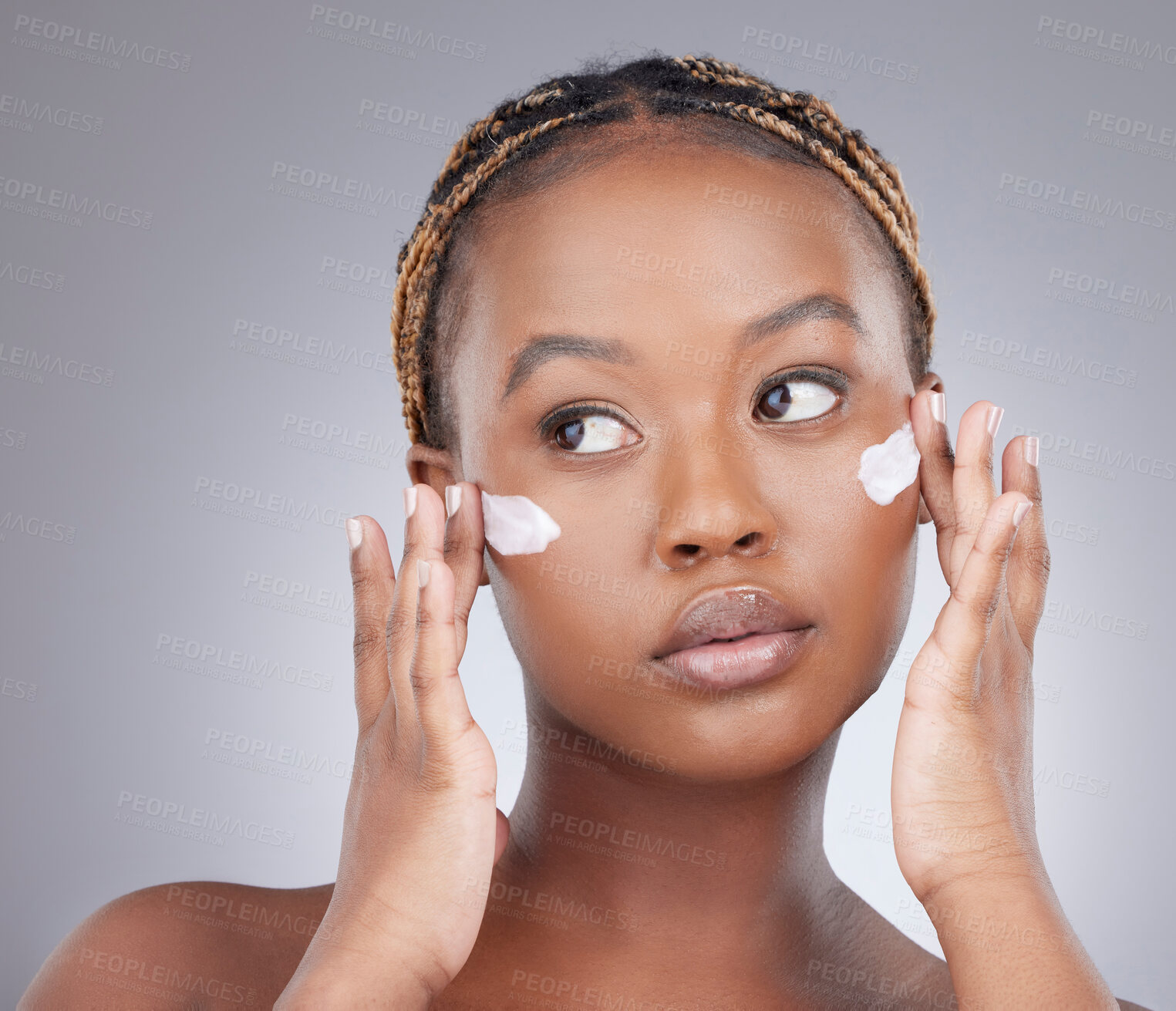 Buy stock photo Face cream, beauty and black woman in studio for skincare, wellness and facial care on white background. Dermatology, salon and isolated person with moisturizer, lotion and anti aging cosmetics