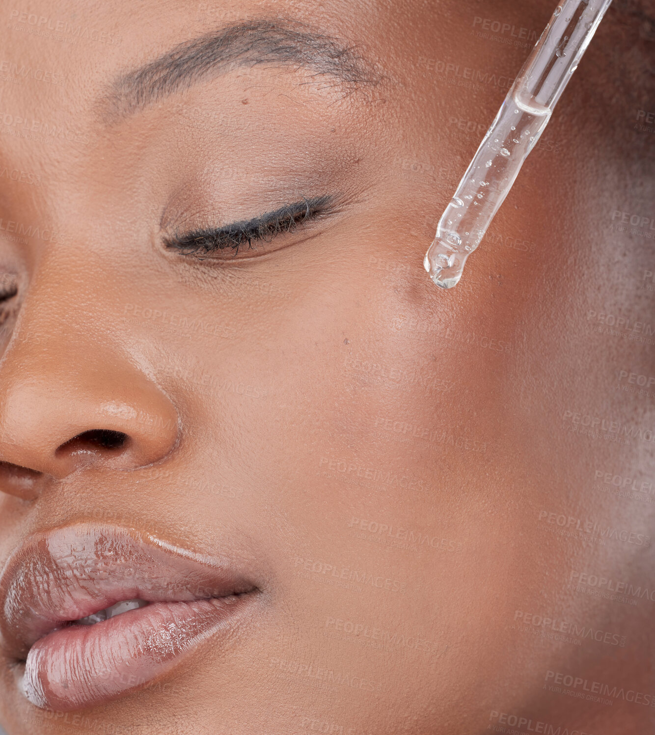 Buy stock photo Black woman, closeup and serum for skincare, beauty and hydration with antiaging, oil and benefits. Girl, cosmetics and dermatology in studio for skin, shine or face with hyaluronic acid or vitamin C