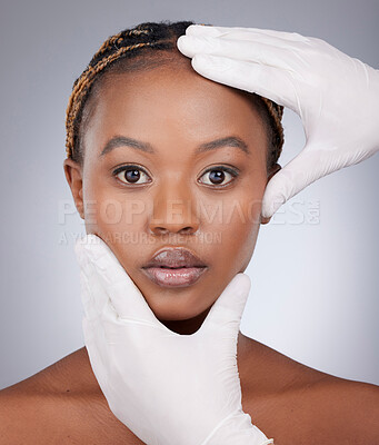 Buy stock photo Hands, gloves and portrait of black woman with plastic surgery for healthy skin, beauty and facial in studio. Dermatology, skincare and girl with medical cosmetics, assessment and white background