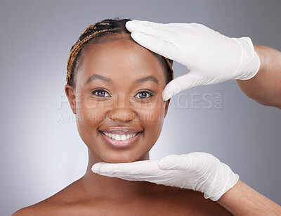 Buy stock photo Hands, smile and portrait of black woman with plastic surgery for healthy skin, beauty and facial in studio. Dermatology, skincare and happy girl with medical cosmetics, gloves and grey background