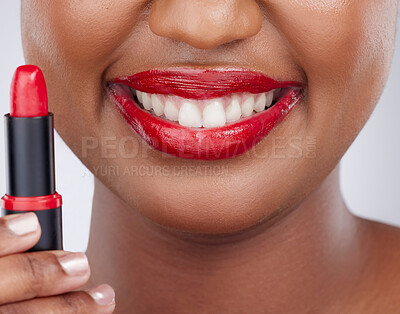 Buy stock photo Beauty, lipstick and smile of woman in studio for cosmetics products, makeup and skincare. Cosmetology, aesthetic and closeup of lips of person with lipgloss, shine and red color on white background