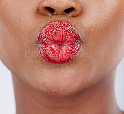 Buy stock photo Beauty, lipstick and pout of woman in studio for cosmetics products, makeup and skincare. Cosmetology, aesthetic and closeup of mouth of person with lipgloss, shine and red color on white background