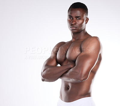 Buy stock photo African man, fitness and arms crossed for sports goal, exercise challenge and training in studio. Health, male person or body builder with strong and muscular body for cardio workout and wellness