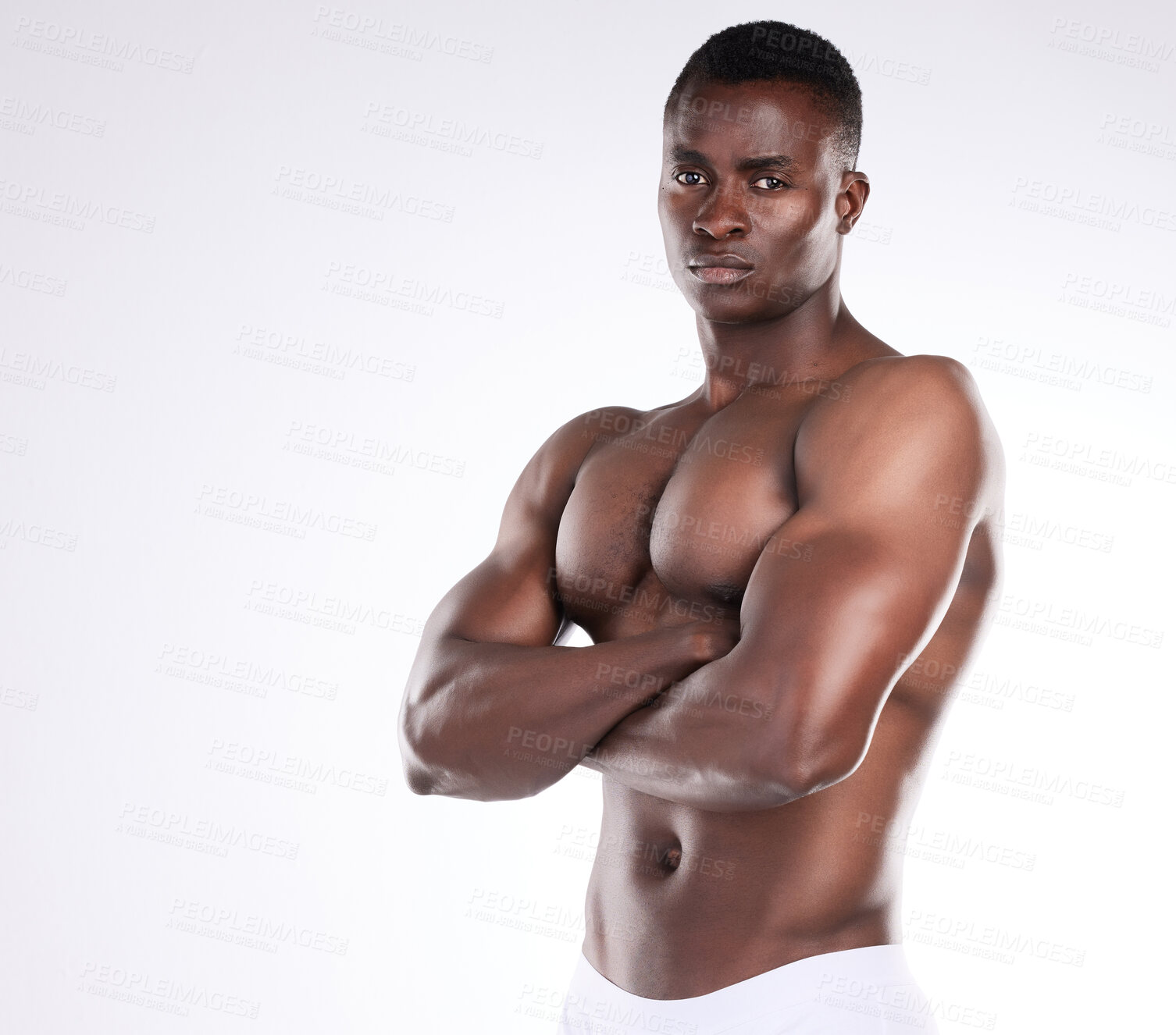 Buy stock photo African man, fitness and arms crossed for sports goal, exercise challenge and training in studio. Health, male person or body builder with strong and muscular body for cardio workout and wellness