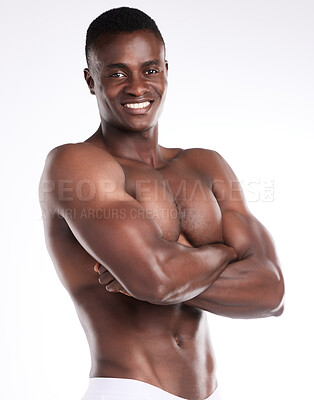 Buy stock photo African man, fitness and smile with arms crossed for sports goal, body challenge or weight loss. Portrait, male person or athlete for healthy diet, nutrition or wellness on white background in studio