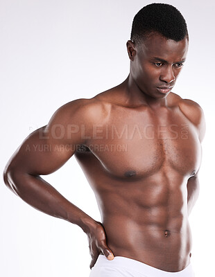 Buy stock photo Black man, shirtless and muscles with fitness, stomach and wellness on white studio background. African person, thinking and model with bodybuilding, beauty and abs with aesthetic, shine or self care