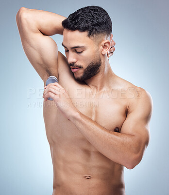 Buy stock photo Man, underarm and product for skincare in studio, cosmetic and odour or sweat control or body hygiene on background. Fresh grooming, model wellness and deodorant or routine, fragrance and topless

