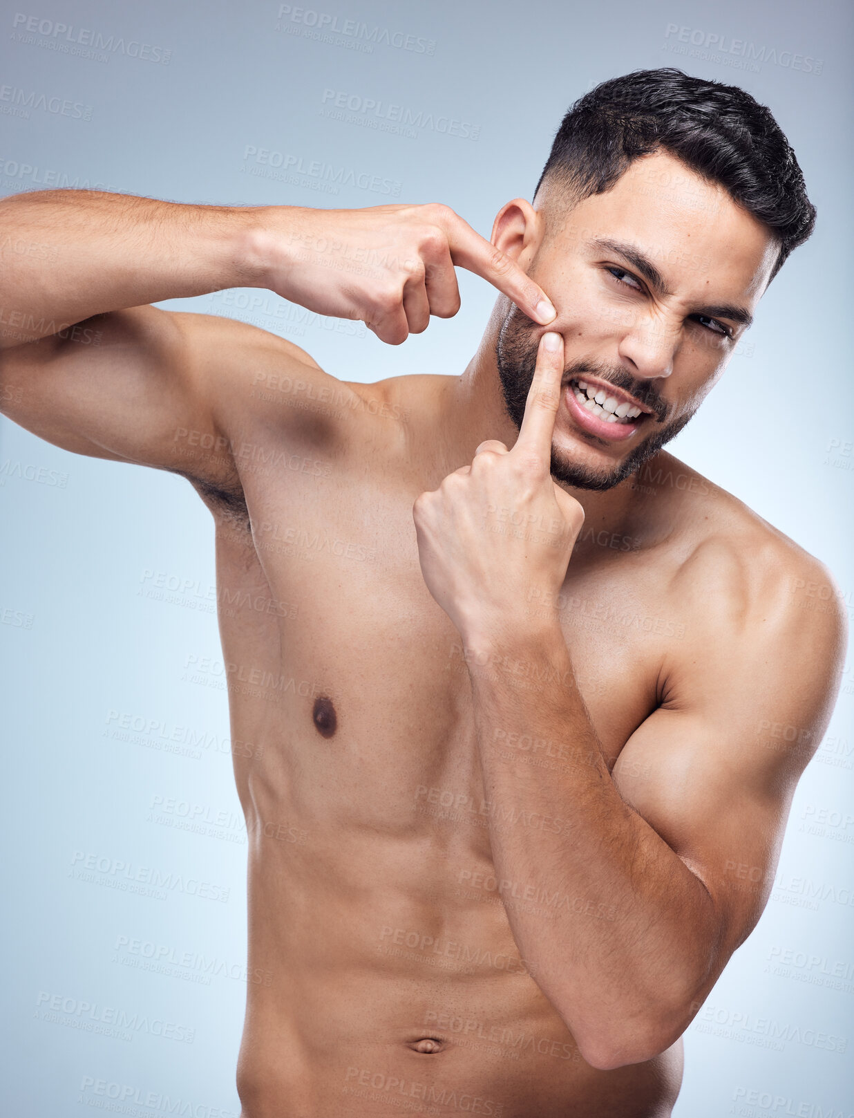 Buy stock photo Skincare, acne and hands of man in studio with pimple for hygiene, blemish or treatment on white background. Spa, body and male model with problem for popping zit, dermatology or wellness routine