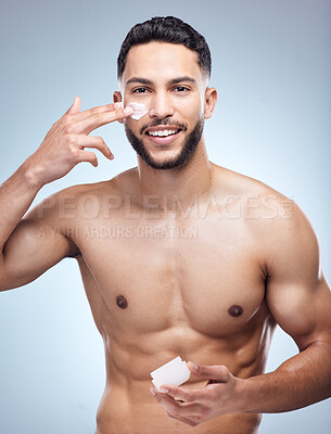 Buy stock photo Skincare, portrait and man in studio with cream for cosmetics, natural glow or treatment on white background. Body, hands and male model with product for satisfaction, dermatology or moisturizer