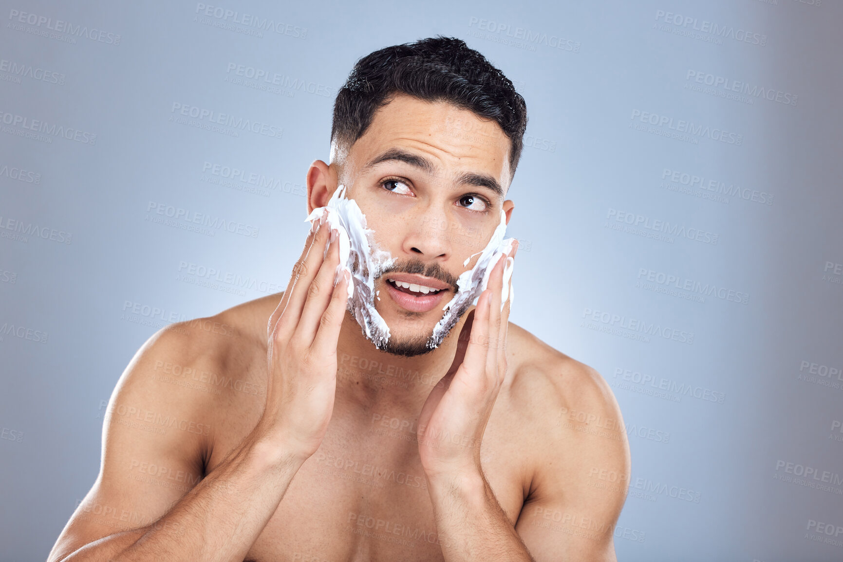 Buy stock photo Man, hands and shaving foam in studio for hair removal with self care hygiene and facial transformation. Isolated guy, model and skincare soap product for beard growth maintenance by gray background