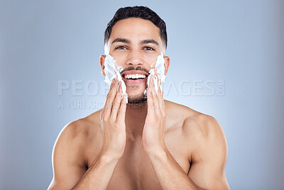 Buy stock photo Man, portrait and shaving foam for beard growth for hygiene with skincare and facial change in studio. Isolated guy, model and dermatology soap product for hair removal maintenance by gray background