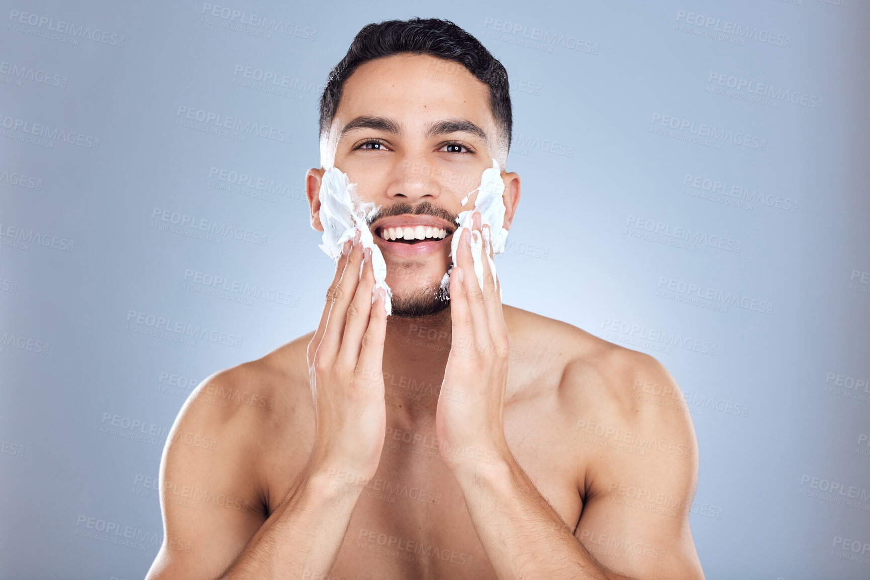 Buy stock photo Man, portrait and shaving foam for beard growth for hygiene with skincare and facial change in studio. Isolated guy, model and dermatology soap product for hair removal maintenance by gray background