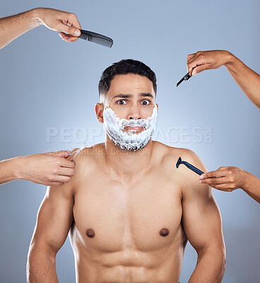 Buy stock photo Hygiene, confused portrait and man in studio with body, shaving foam and multitasking hands for skincare. Model guy, puzzled and cosmetic tools for hair epilation with beard soap by gray background