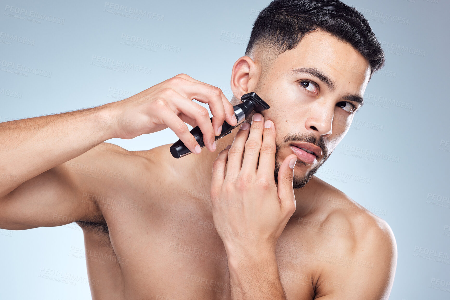 Buy stock photo Man, shaving and beard beauty in studio, facial hair and grooming wellness or trimmer on background. Cosmetic, cleaning razor and morning routine with model, hygiene product and dermatology skincare