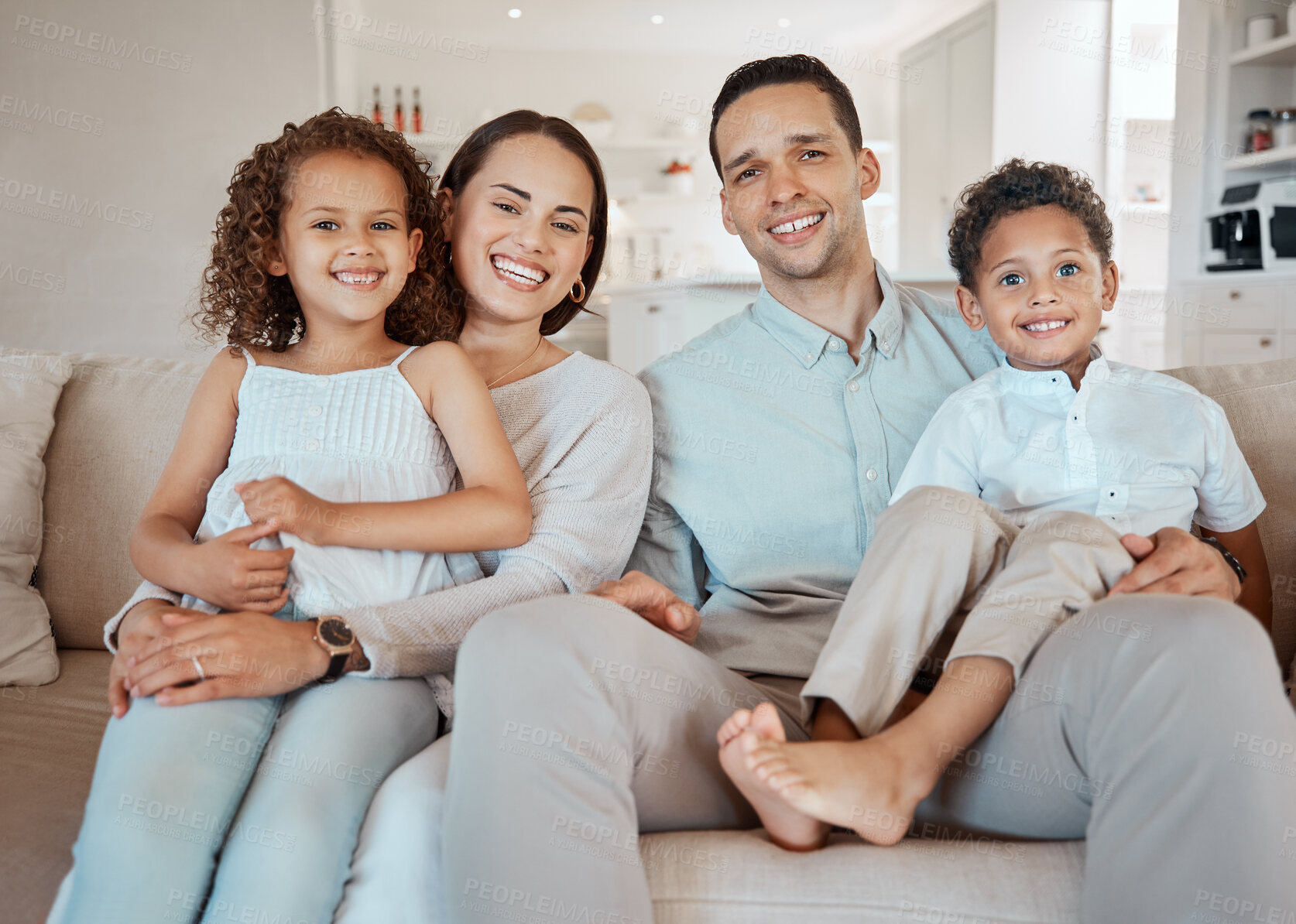 Buy stock photo Love, happy family and portrait of children with parents in home together for care or bonding. Smile, mother and father with kids on sofa in living room for support, connection or relax with siblings