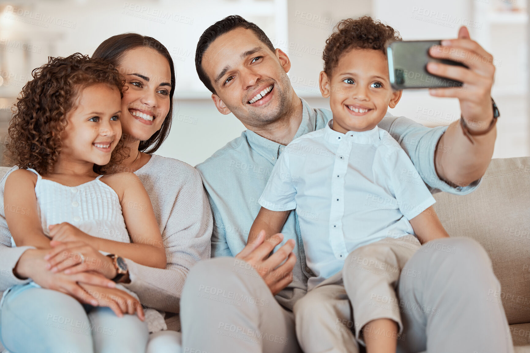 Buy stock photo Parents, happy family and selfie of kids in home together for care, love and bonding. Picture, mother and father with children on sofa in living room for memory, social media and relax with siblings