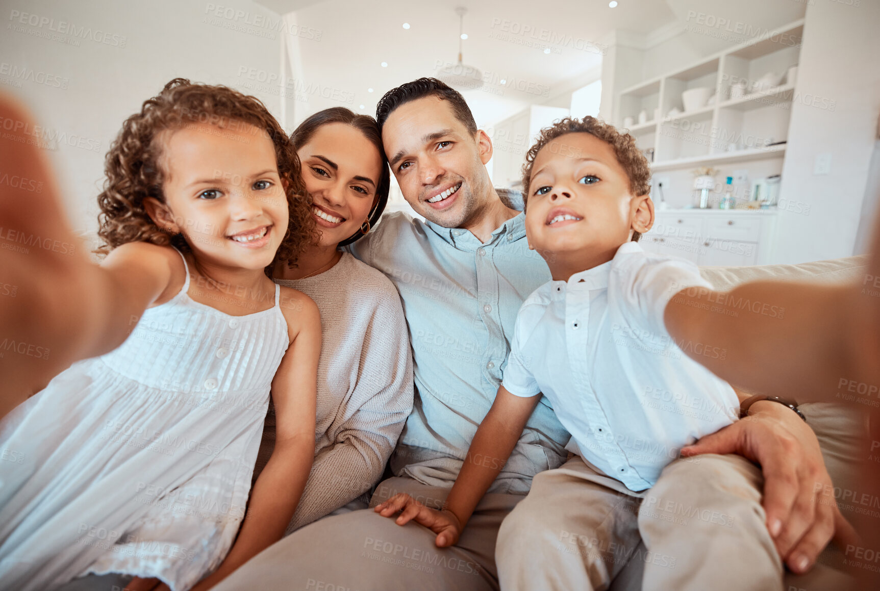 Buy stock photo Selfie, happy family and portrait of kids with parents in home for care, love and bonding together. Face, mother and father take picture with children for photography, memory and relax with siblings