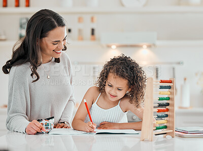 Buy stock photo Child, writing and mother in home with abacus, mathematics homework and pencil or sum answer or calculation. Girl, academic education and knowledge with book, counting tool and support or happy woman