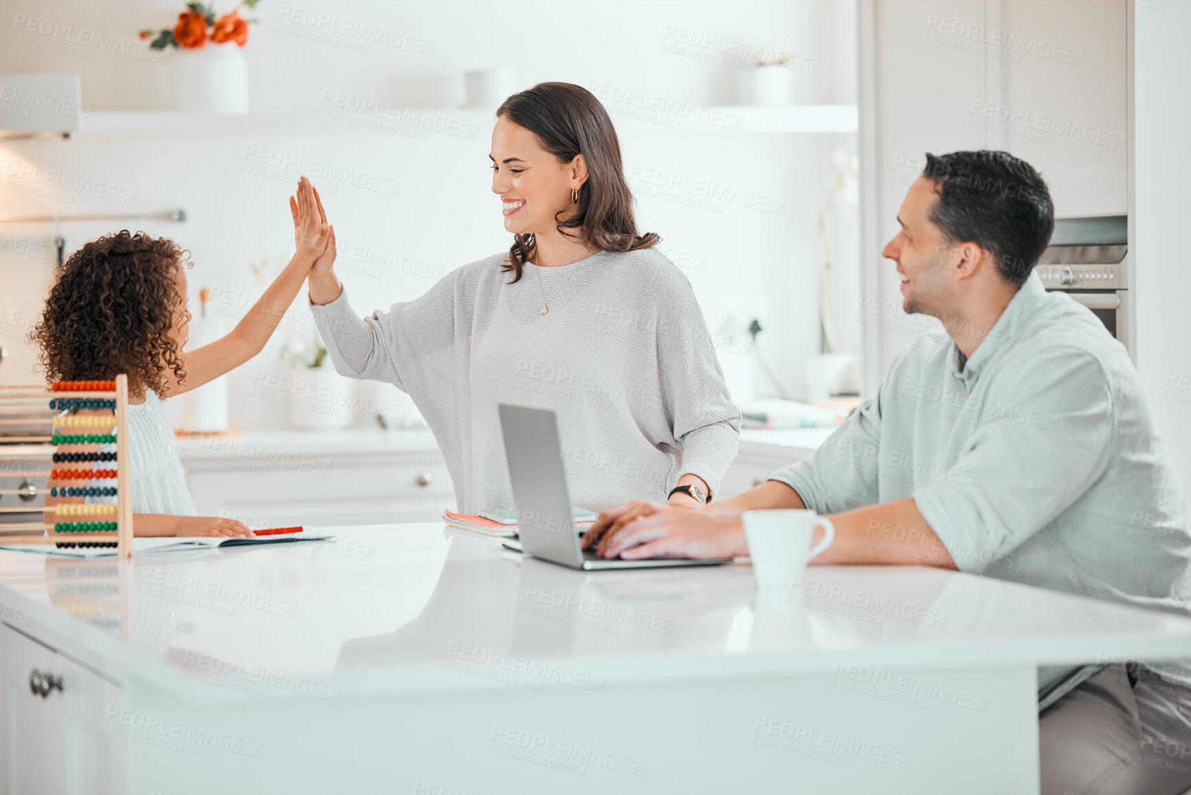 Buy stock photo Happy mother, daughter and good job with high five for homework, finished or well done at home. Mom touching young child or kid with smile for education, success or learning on kitchen table at house