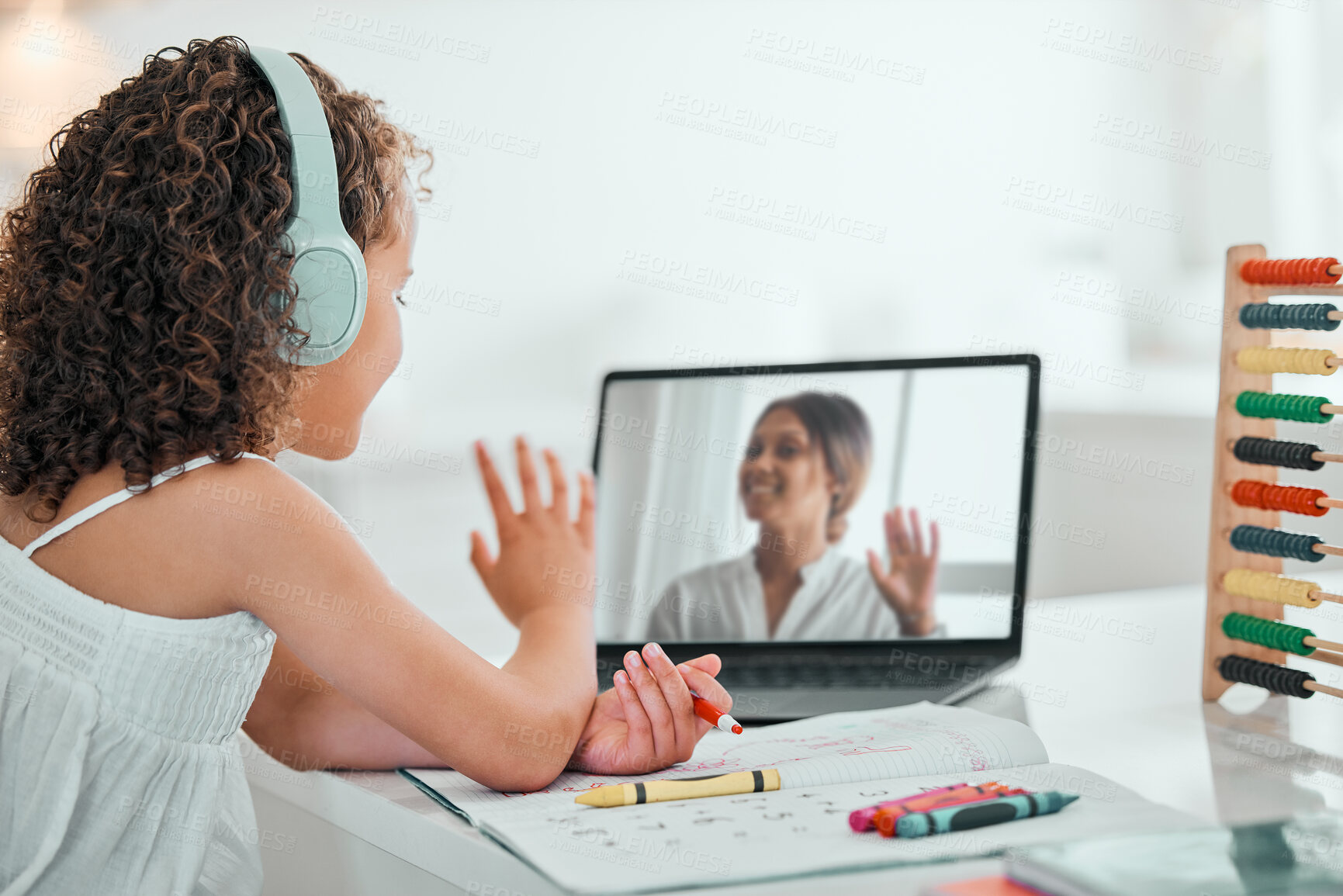 Buy stock photo Child, laptop and screen or wave for learning, online classes and elearning or education or mathematics. Abacus, greeting gesture and homework or headphone, streaming and girl with internet teacher