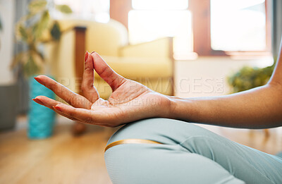 Buy stock photo Hand, fitness or woman in yoga lotus pose for meditation, awareness or healthy wellness lifestyle. Chakra, calm or active zen girl in sitting exercise, workout or training in house exercising studio