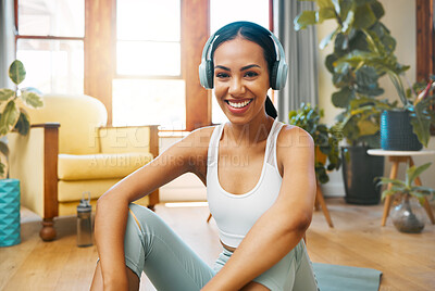 Buy stock photo Fitness, headphones or portrait of happy woman in yoga for body flexibility, wellness or healthy lifestyle. Smile, listening or music for pilates girl in exercise, workout or training in house studio
