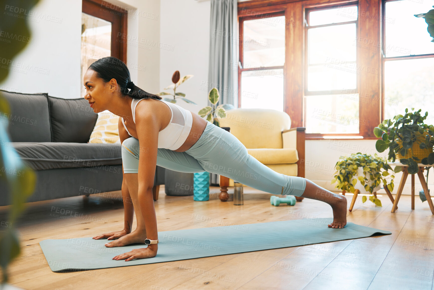 Buy stock photo Home, fitness or girl in yoga stretching legs for body flexibility, wellness or healthy lifestyle. Focus, calm or active zen woman in exercise, workout or training warm up in house exercising studio