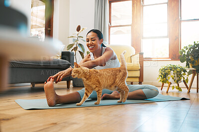 Buy stock photo Cat, fitness or happy woman in yoga stretching legs for body flexibility, wellness or healthy lifestyle. Kitten, pet animal or zen girl in exercise, workout or training warm up in house exercising
