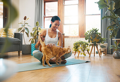 Buy stock photo Home fitness, yoga or happy woman with cat or pet animal relaxing for wellness or healthy lifestyle. Smile, calm or active zen girl loves bonding, caring or playing with kitten or kitty in house