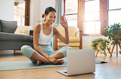 Buy stock photo Yoga, video call or happy woman on laptop online class, video call or webinar in holistic fitness or wellness. Wave, smile or girl in pilates class to start exercise or workout at home on computer 