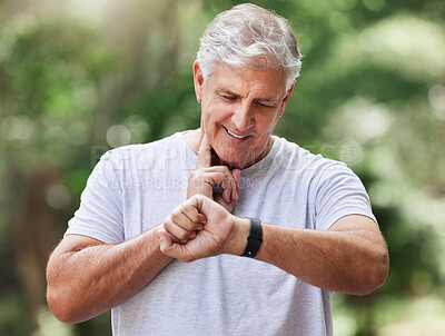 Buy stock photo Senior man, watch and pulse outdoor for a exercise, workout and training on road for fitness. Elderly male person  with hand on neck for cardio progress or health and wellness while running in summer