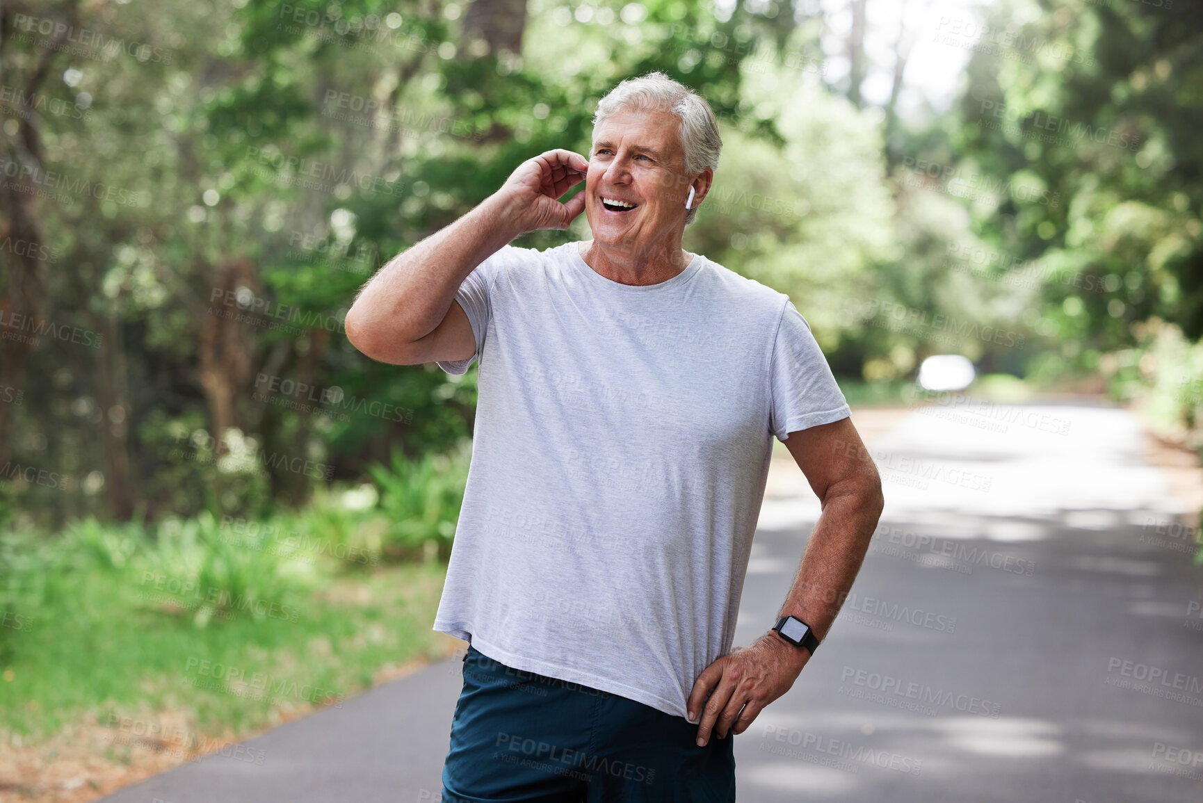 Buy stock photo Happy, talking and man on a phone call while running, speaking about fitness and exercise in nature. Thinking, smile and a senior person laughing on a mobile while in a park for cardio and workout