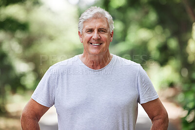 Buy stock photo Senior man, exercise and portrait outdoor for run, workout and training on road with trees for fitness. Elderly male person smile for cardio health and wellness while walking or running in retirement