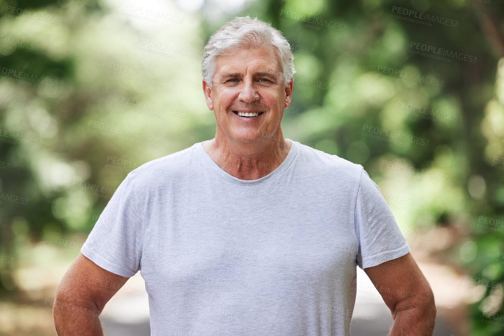 Buy stock photo Senior man, exercise and portrait outdoor for run, workout and training on road with trees for fitness. Elderly male person smile for cardio health and wellness while walking or running in retirement