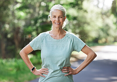 Buy stock photo Senior woman, exercise and outdoor for a run, workout and training on road with trees for fitness. Elderly female person  happy about cardio for health and wellness while walking or running in summer