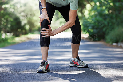 Buy stock photo Running, knee pain and old woman with hand on leg in park for outdoor fitness and workout exercise. Health, wellness and muscle strain, senior runner with injury, hands on ache in support or relief.