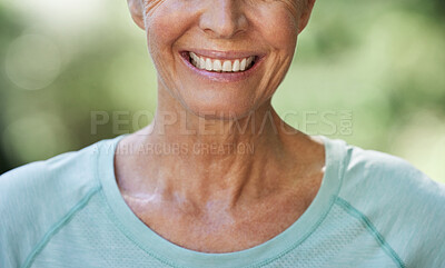 Buy stock photo Smile, teeth and closeup with a senior woman outdoor in nature feeling happy, positive or carefree. Mouth, cheerful and dental with a mature female smiling happily outside in a garden during summer