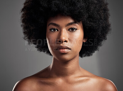 Buy stock photo Skincare, portrait of a black woman and against a studio background for beauty cosmetics. Confidence or elegance, cosmetology and face of African female person pose with glow against a backdrop