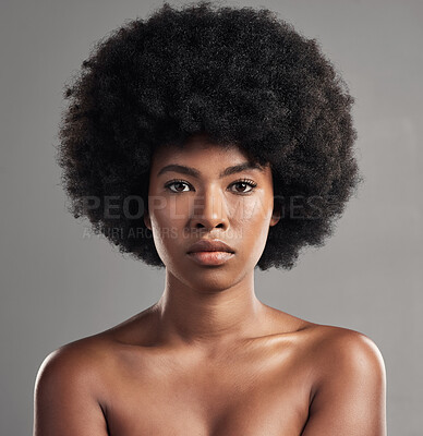 Buy stock photo Skincare, portrait of a black woman and against a studio background for beauty cosmetics. Glowing or serious, cosmetology and face of African female person pose for confidence against a backdrop