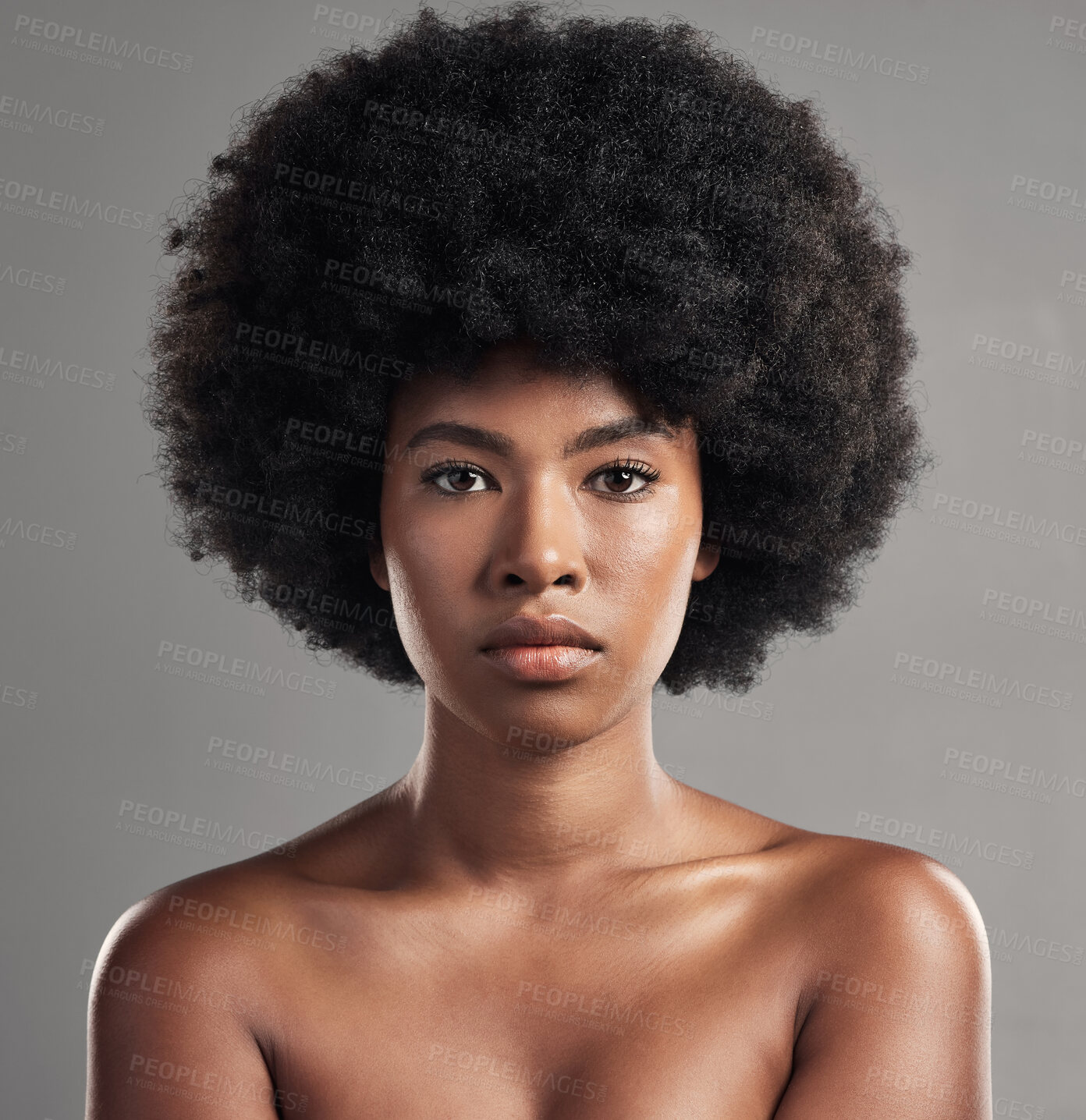 Buy stock photo Skincare, portrait of a black woman and against a studio background for beauty cosmetics. Glowing or serious, cosmetology and face of African female person pose for confidence against a backdrop