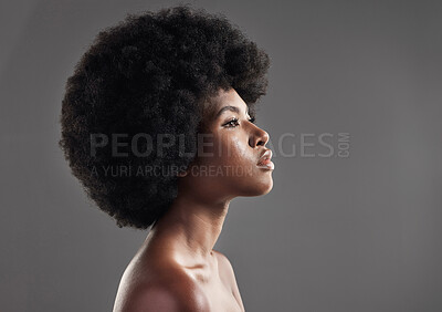 Buy stock photo Skincare, black woman and against a studio background for beauty cosmetics. Confidence or elegance, cosmetology or mock up space and profile of African person for dermatology or with afro in backdrop