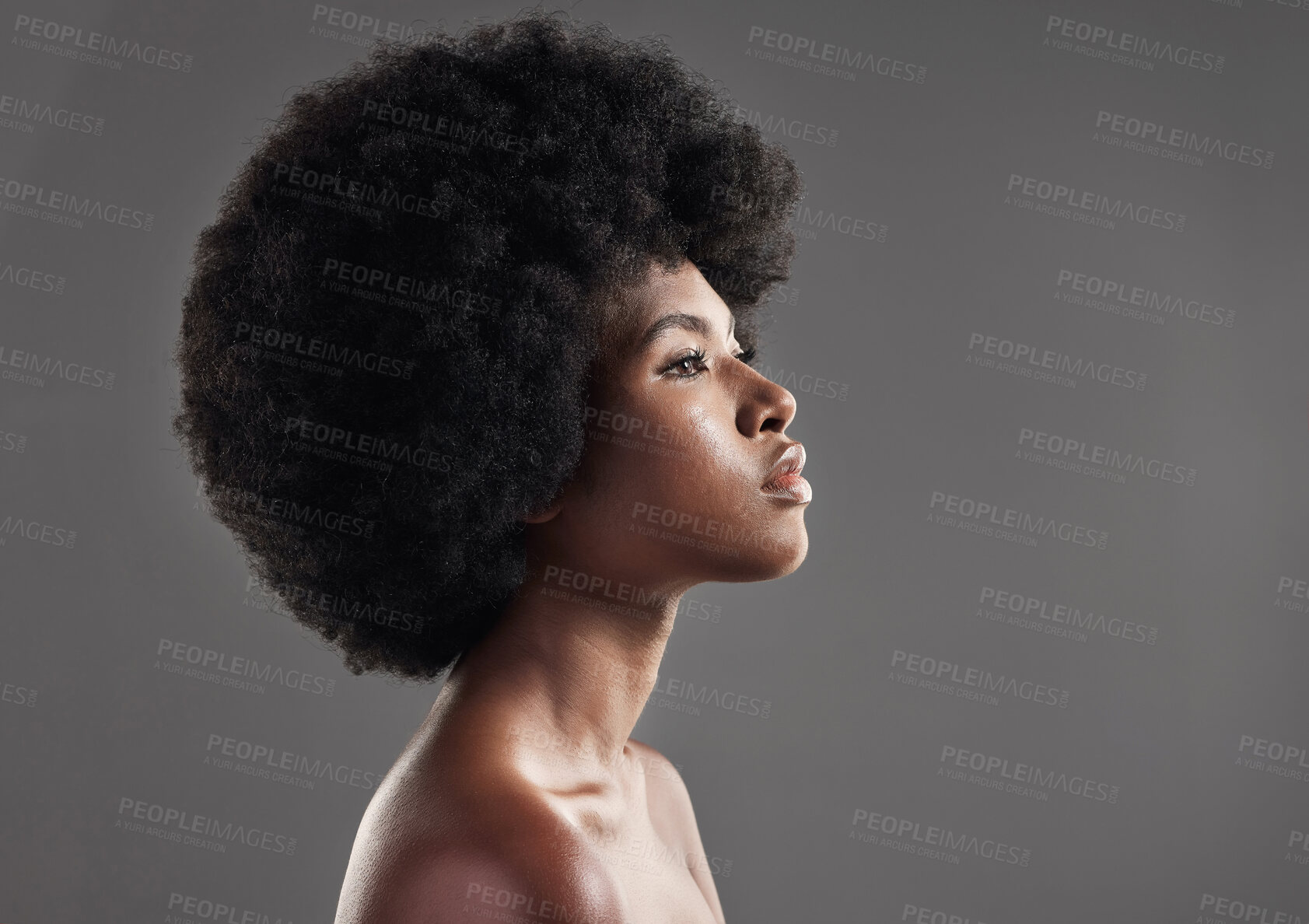 Buy stock photo Skincare, black woman and against a studio background for beauty cosmetics. Confidence or elegance, cosmetology or mock up space and profile of African person for dermatology or with afro in backdrop