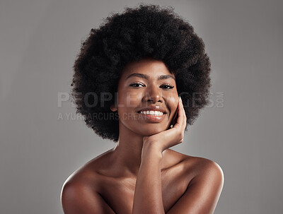 Buy stock photo Skincare, portrait of happy black woman and in a studio background for beauty cosmetics. Confidence or elegance, cosmetology or glowing and face of African female pose health wellness in backdrop