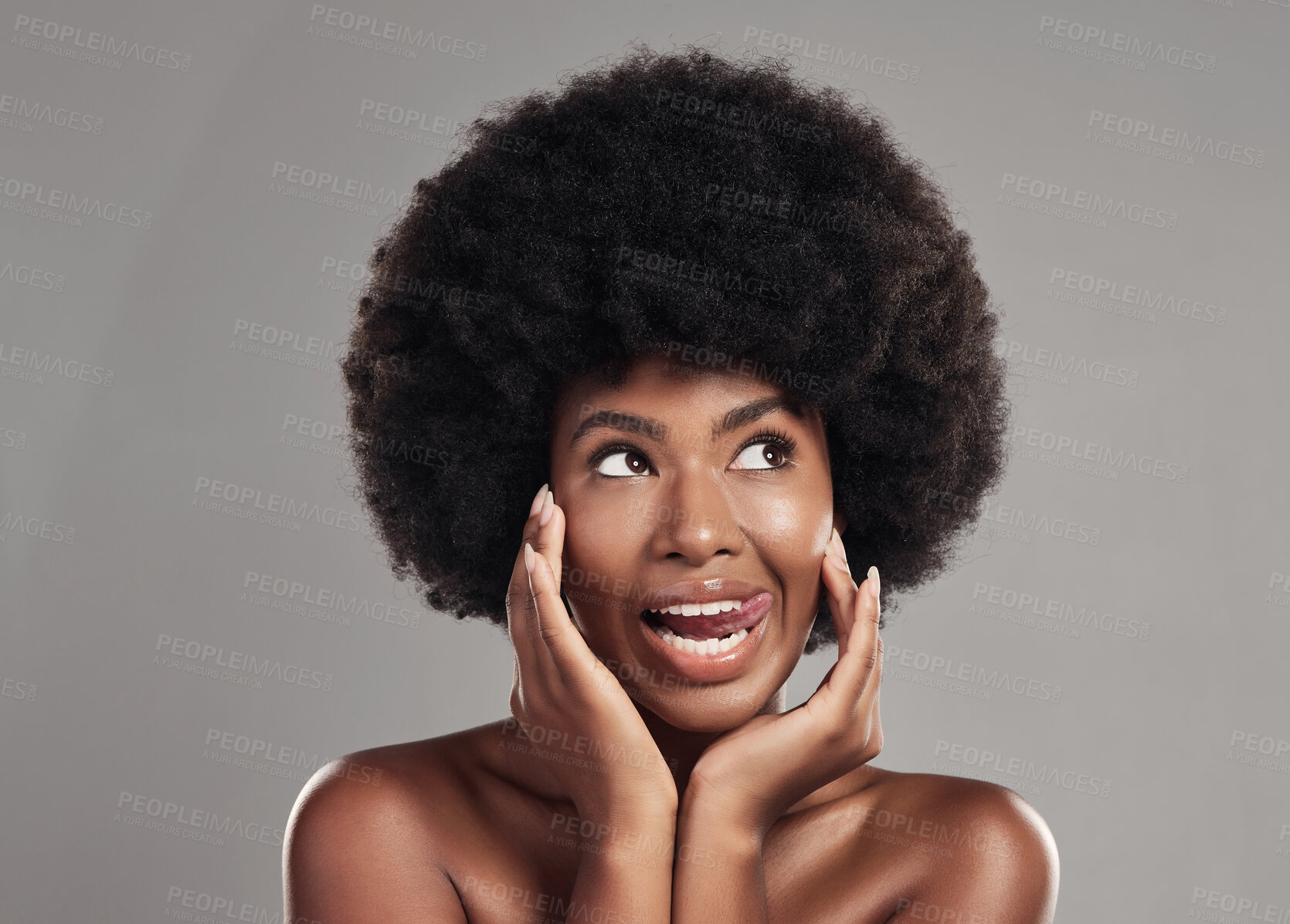 Buy stock photo Black woman, face and tongue out for skincare in studio isolated on a gray background. Natural cosmetics, beauty touch and African female model with spa treatment for aesthetic, wellness and mockup.