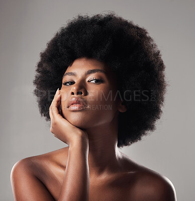 Buy stock photo Black woman, portrait and face, natural beauty and afro hair with dermatology and glow on studio background. African female model, cosmetic care and healthy skin, facial and shine with skincare