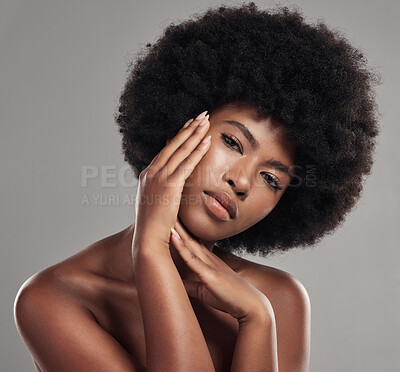 Buy stock photo Black woman, portrait and hands touching face, natural beauty and afro hair with glow on studio background. African female model, cosmetic care and healthy skin, facial and shine with skincare