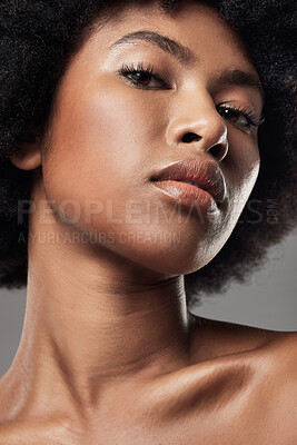 Buy stock photo Closeup, face and natural beauty, woman in portrait and cosmetics with skin glow on studio background. Skincare, dermatology and facial, African model with makeup and hygiene, grooming and shine