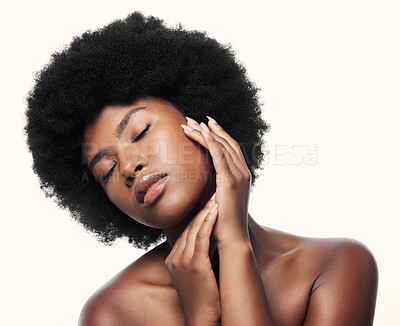 Buy stock photo Black woman, touch face and skincare with eyes closed in studio isolated on a white background. Natural cosmetics, confidence and African model with spa treatment for aesthetic, wellness and beauty.