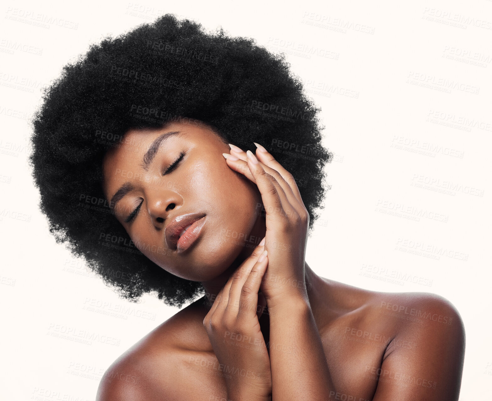 Buy stock photo Black woman, touch face and skincare with eyes closed in studio isolated on a white background. Natural cosmetics, confidence and African model with spa treatment for aesthetic, wellness and beauty.